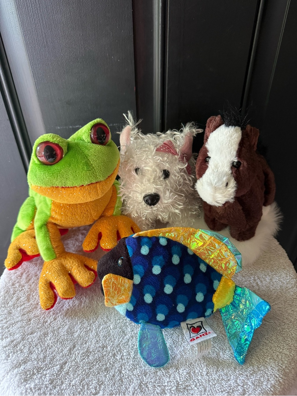 Lot of 4 Ganz Webkins Plush Frog, White Terrier, Brown Horse, Colorful Fish